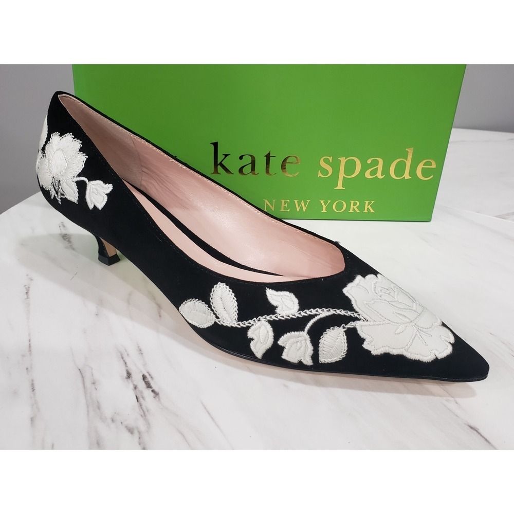 NEW SIZE 9.5 - Kate Spade Daze Black Suede Floral Embroidered Kitten‎ Heel Pumps
